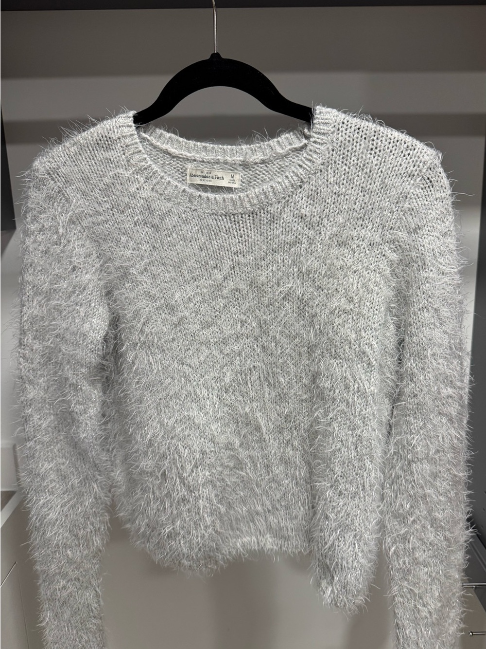 Abercrombie & Fitch Women's Silver-Gray Fuzzy Crewneck Sweater